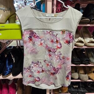 Calvin Klein Womens Floral Print Mixed Media Zipper Scoop Neck Top Beige Small